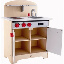 Hape hvidt gourmet legekøkken i træ med ovn, vask og klikknapper - 55x32x70,5 cm