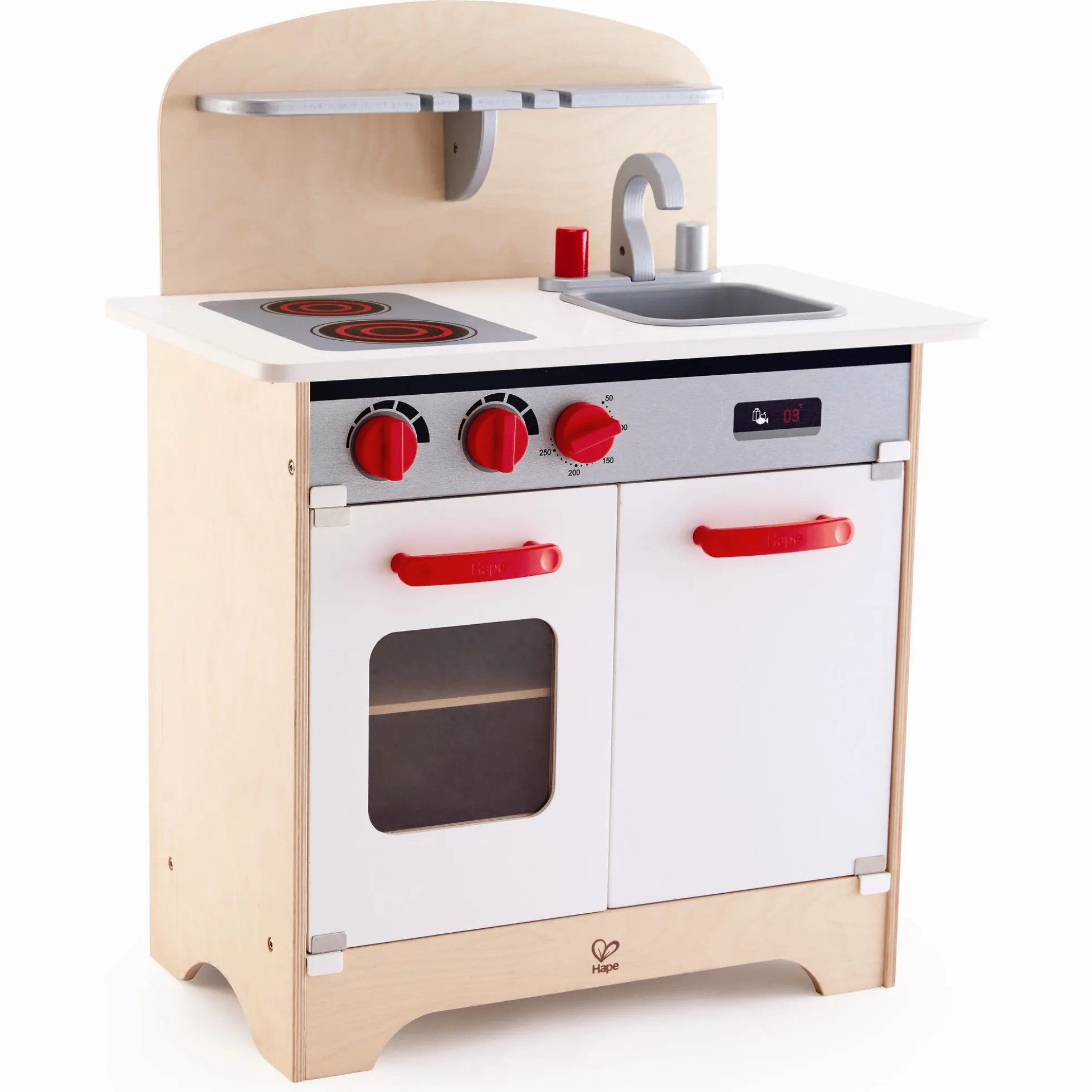 Hape hvidt gourmet legekøkken i træ med ovn, vask og klikknapper - 55x32x70,5 cm