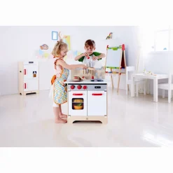 Hape hvidt gourmet legekøkken i træ med ovn, vask og klikknapper - 55x32x70,5 cm