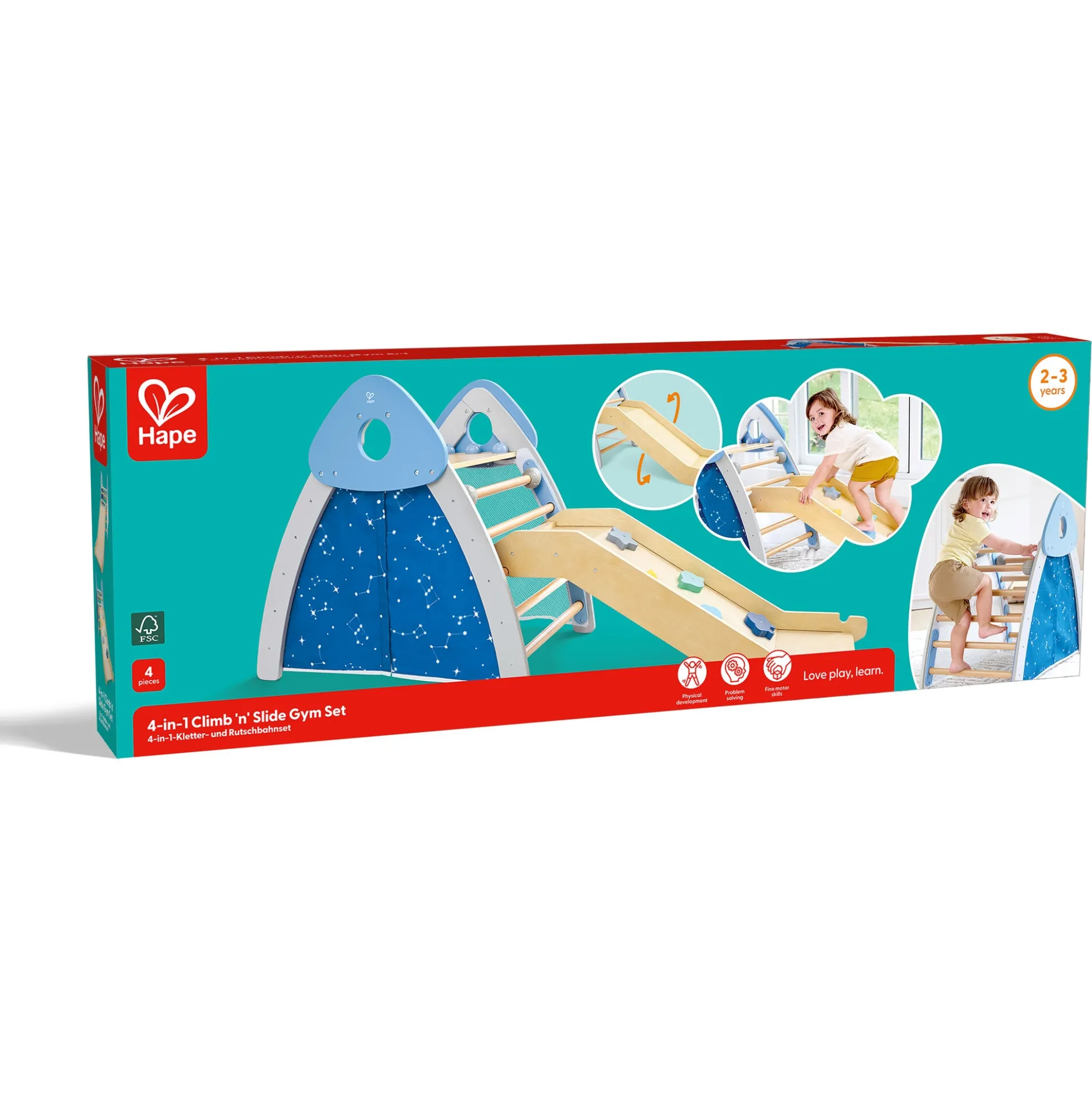 Hape 4-i-1 klatre- og rutsjebanesæt - aktivitetsmøbel med telt og boldnet - 176x53x79 cm