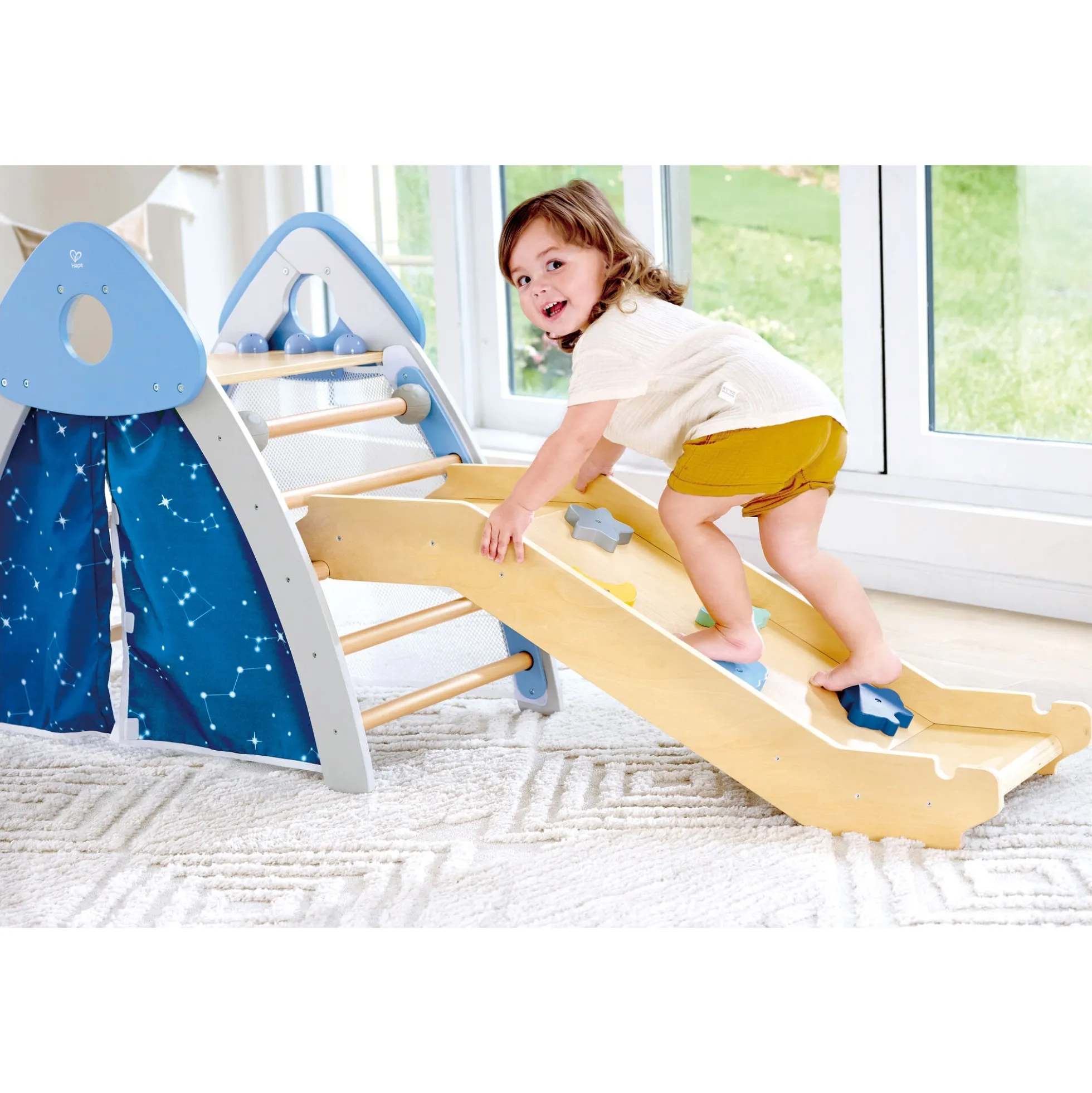 Hape 4-i-1 klatre- og rutsjebanesæt - aktivitetsmøbel med telt og boldnet - 176x53x79 cm