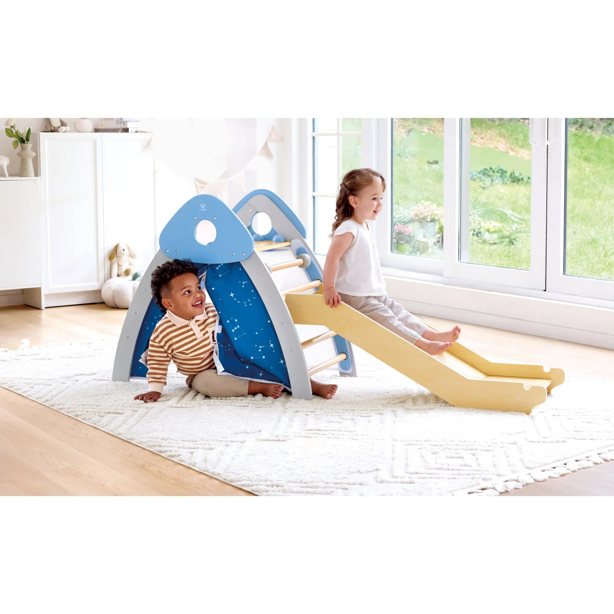 Hape 4-i-1 klatre- og rutsjebanesæt - aktivitetsmøbel med telt og boldnet - 176x53x79 cm