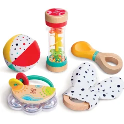 Hape 5-i-1 sanselegesæt til baby - rangle, bold og rainmaker - fra 0 mdr.