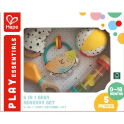 Hape 5-i-1 sanselegesæt til baby - rangle, bold og rainmaker - fra 0 mdr.