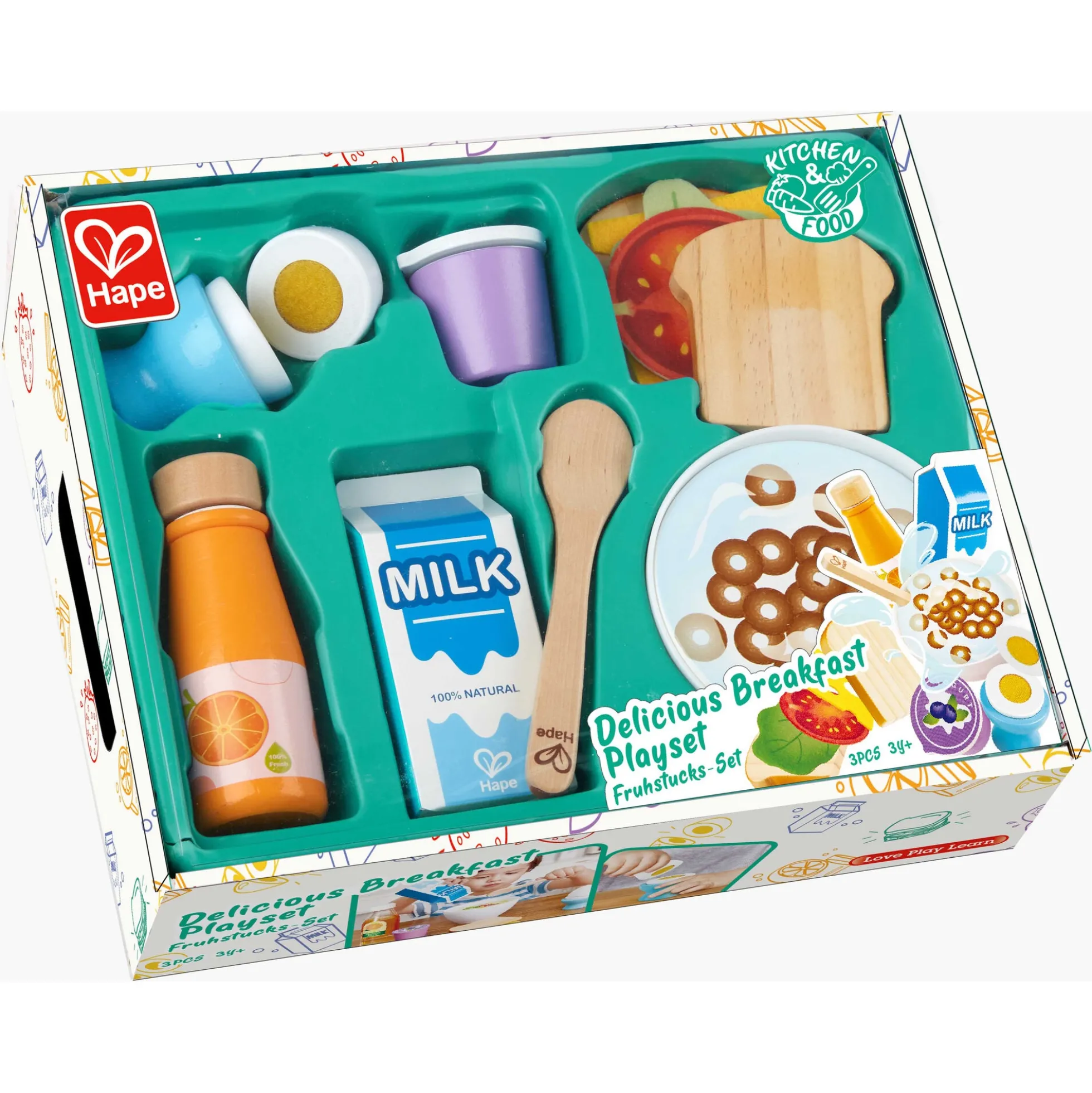 Hape morgenmad legesæt i træ - legemad til legekøkken - 13 dele