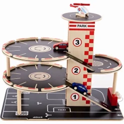 Hape Park & Go parkeringshus i træ med lift, biler og helikopter - 37,4x30x30 cm