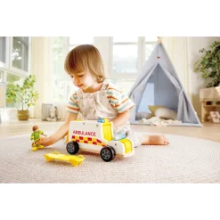 Hape Rapid Response ambulance - udrykningskøretøj med lys, sirene og båre - 26x12 cm