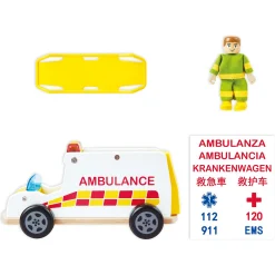 Hape Rapid Response ambulance - udrykningskøretøj med lys, sirene og båre - 26x12 cm