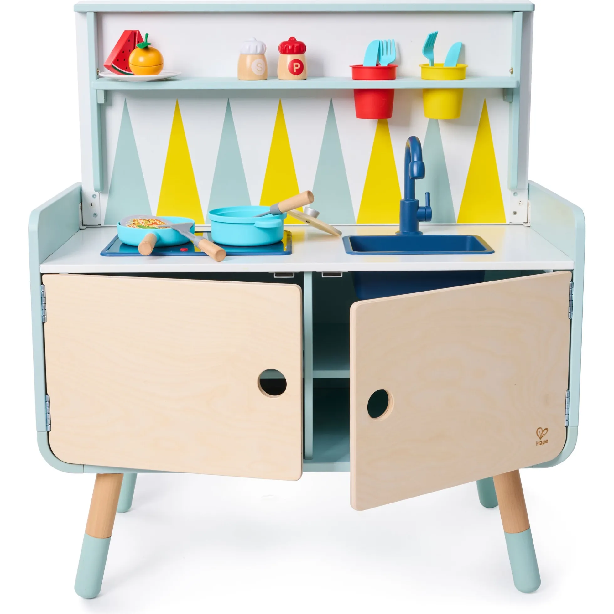 Hape Switch & Store legekøkken med opbevaring, lys, og lyd - 20 dele - 78x86,6x39 cm
