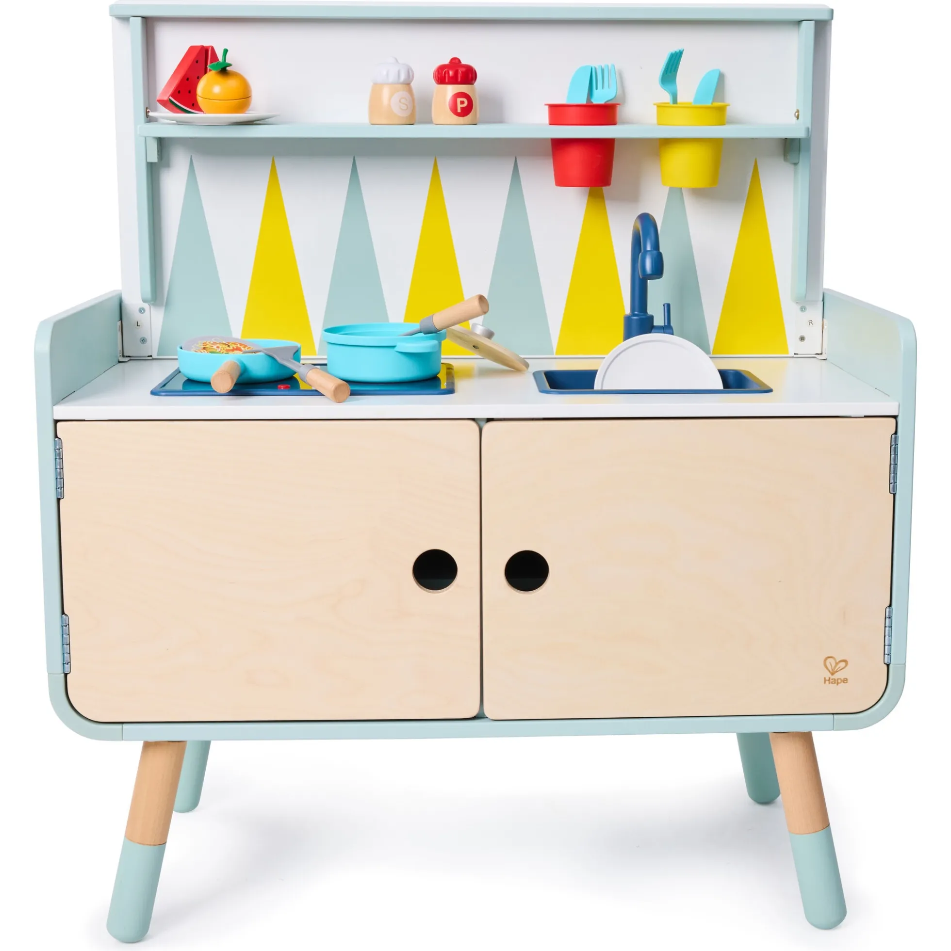 Hape Switch & Store legekøkken med opbevaring, lys, og lyd - 20 dele - 78x86,6x39 cm