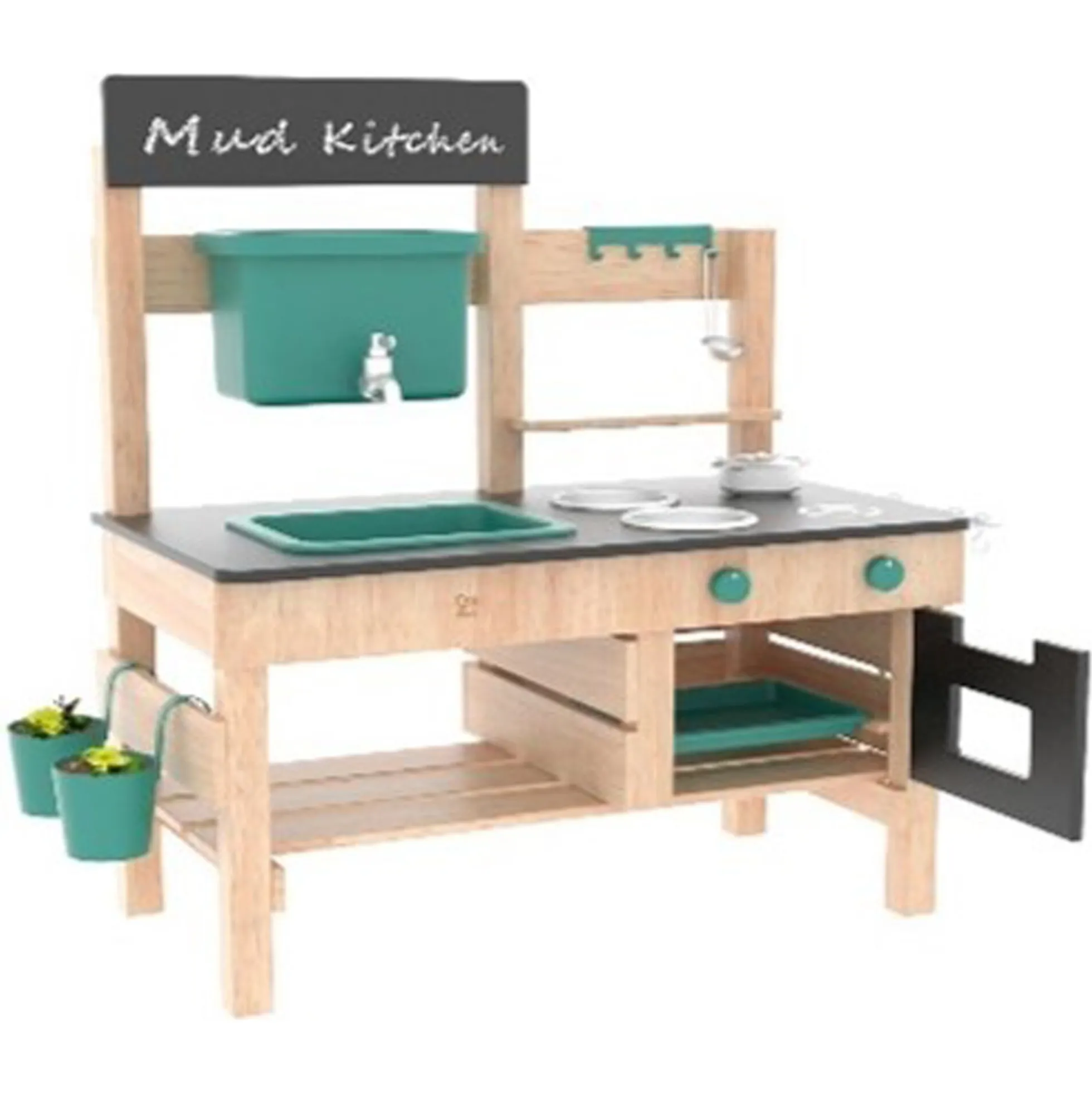 Hape udendørs legekøkken - mudderkøkken med vandtank, tavle og tilbehør -77x46x99