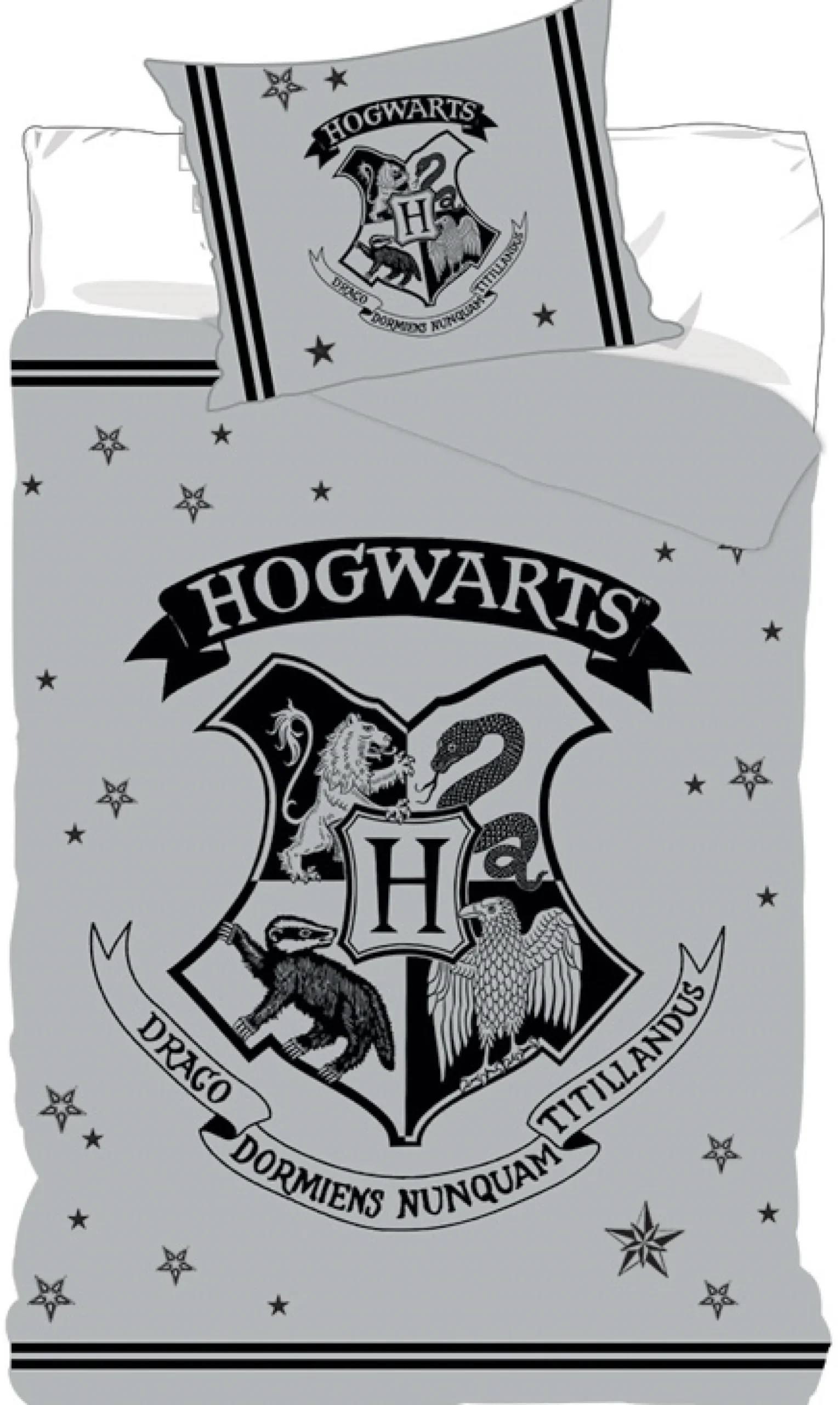 Harry Potter sengetøj - 100% bomuld - Børnesengetøj 140x200 cm - Hogwarts våbenskjold - Grå