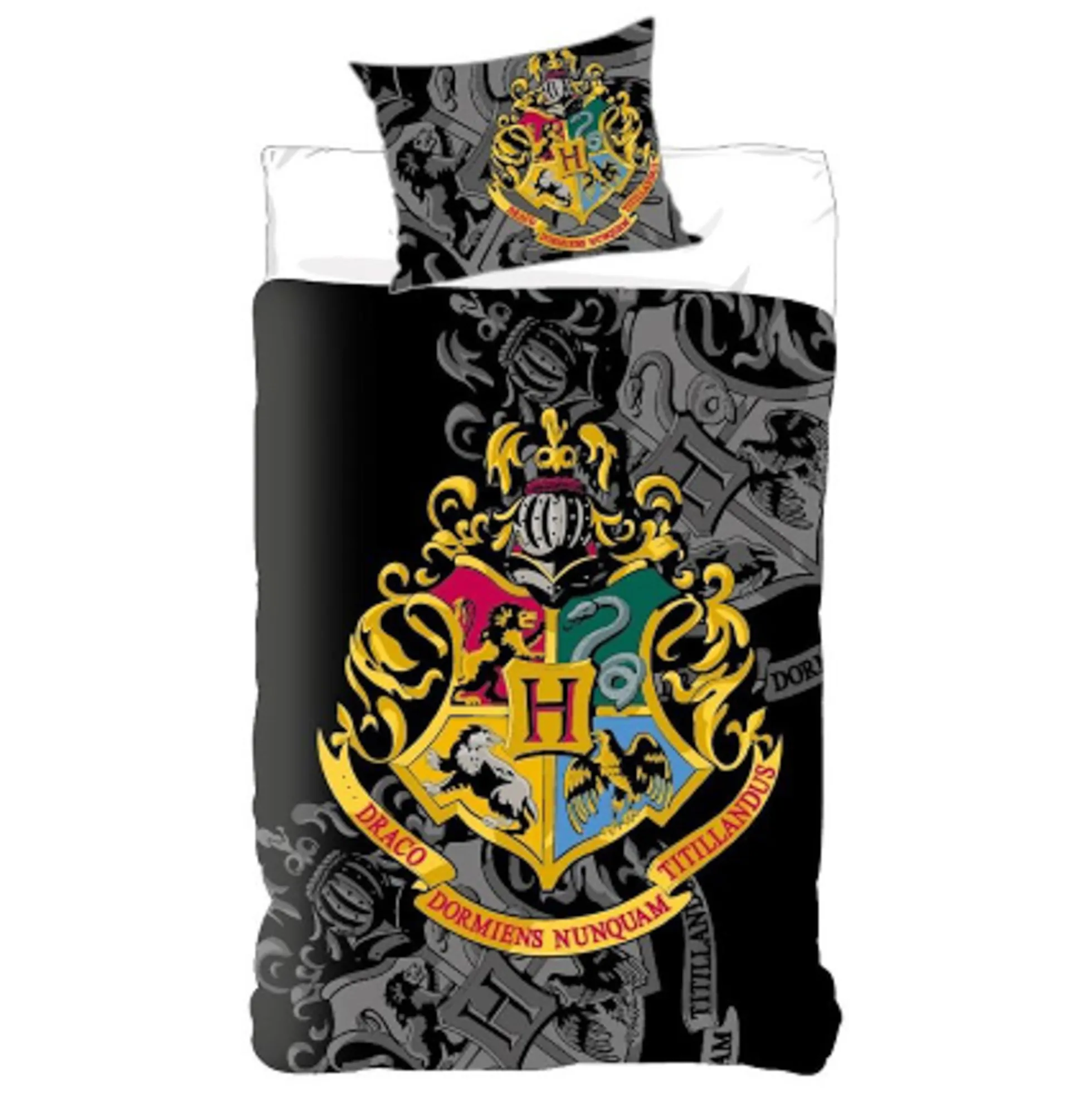 Harry Potter sengetøj - 100% bomuld - Børnesengetøj 140x200 cm - Guldfarvet Hogwarts våbenskjold