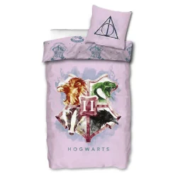 Harry Potter sengetøj - 100% bomuld - Børnesengetøj 140x200 cm - Hogwarts våbenskjold - Lyserød