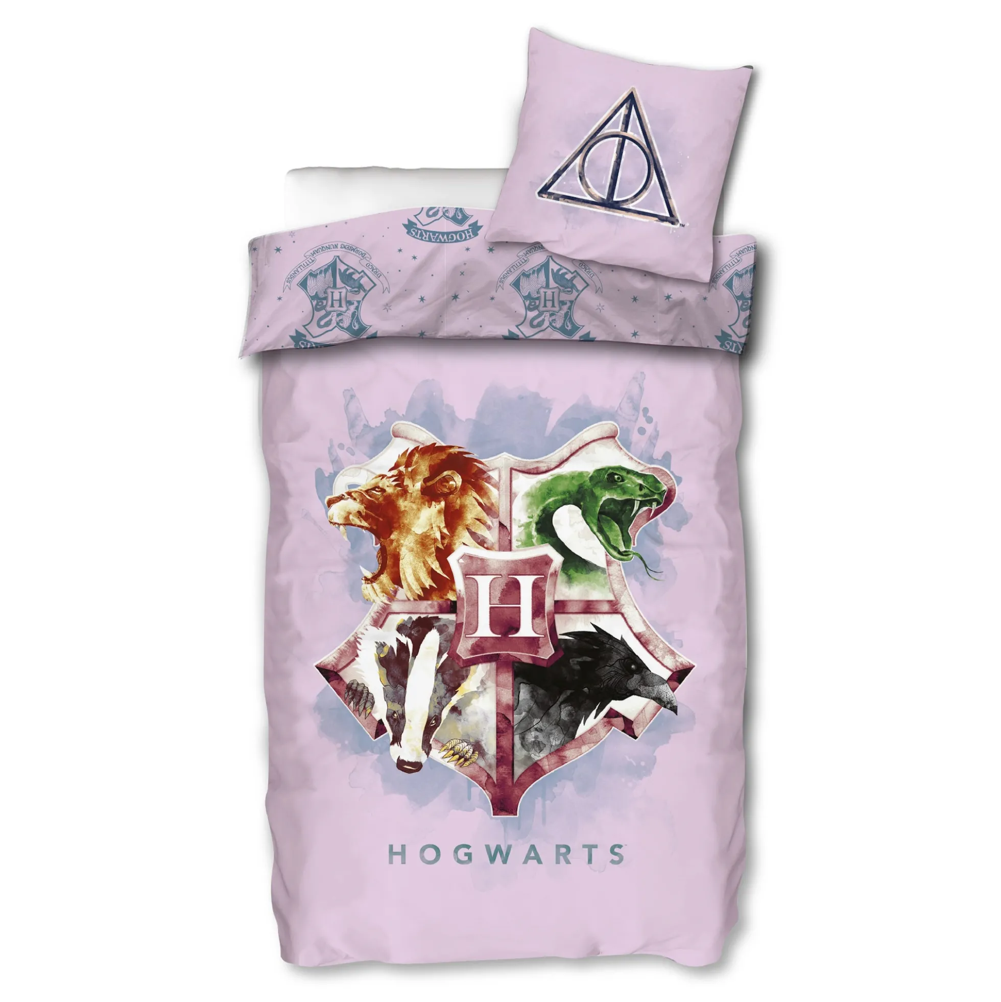 Harry Potter sengetøj - 100% bomuld - Børnesengetøj 140x200 cm - Hogwarts våbenskjold - Lyserød