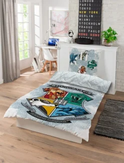 Harry Potter sengetøj - 100% bomuld - Børnesengetøj 140x200 cm - Hogwarts våbenskjold - Hvid og blå