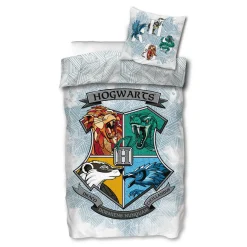 Harry Potter sengetøj - 100% bomuld - Børnesengetøj 140x200 cm - Hogwarts våbenskjold - Hvid og blå