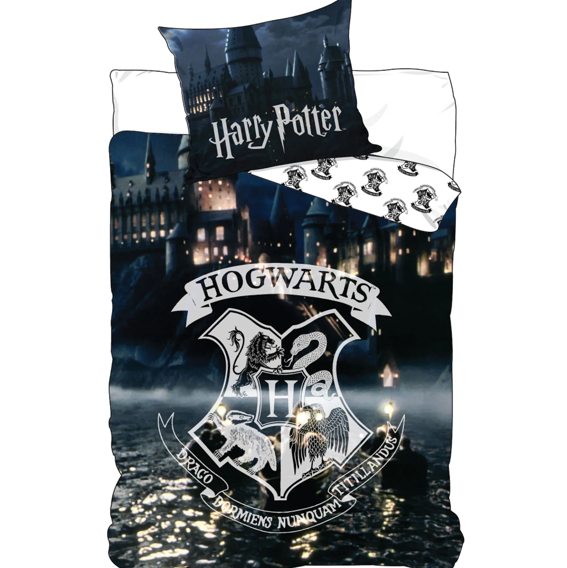 Harry Potter sengetøj - 100% bomuld - Børnesengetøj 140x200 cm - Glow in the dark - Hogwarts våbenskjold