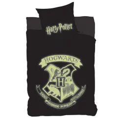 Harry Potter sengetøj - 100% bomuld - Børnesengetøj 140x200 cm - Glow in the dark - Hogwarts våbenskjold