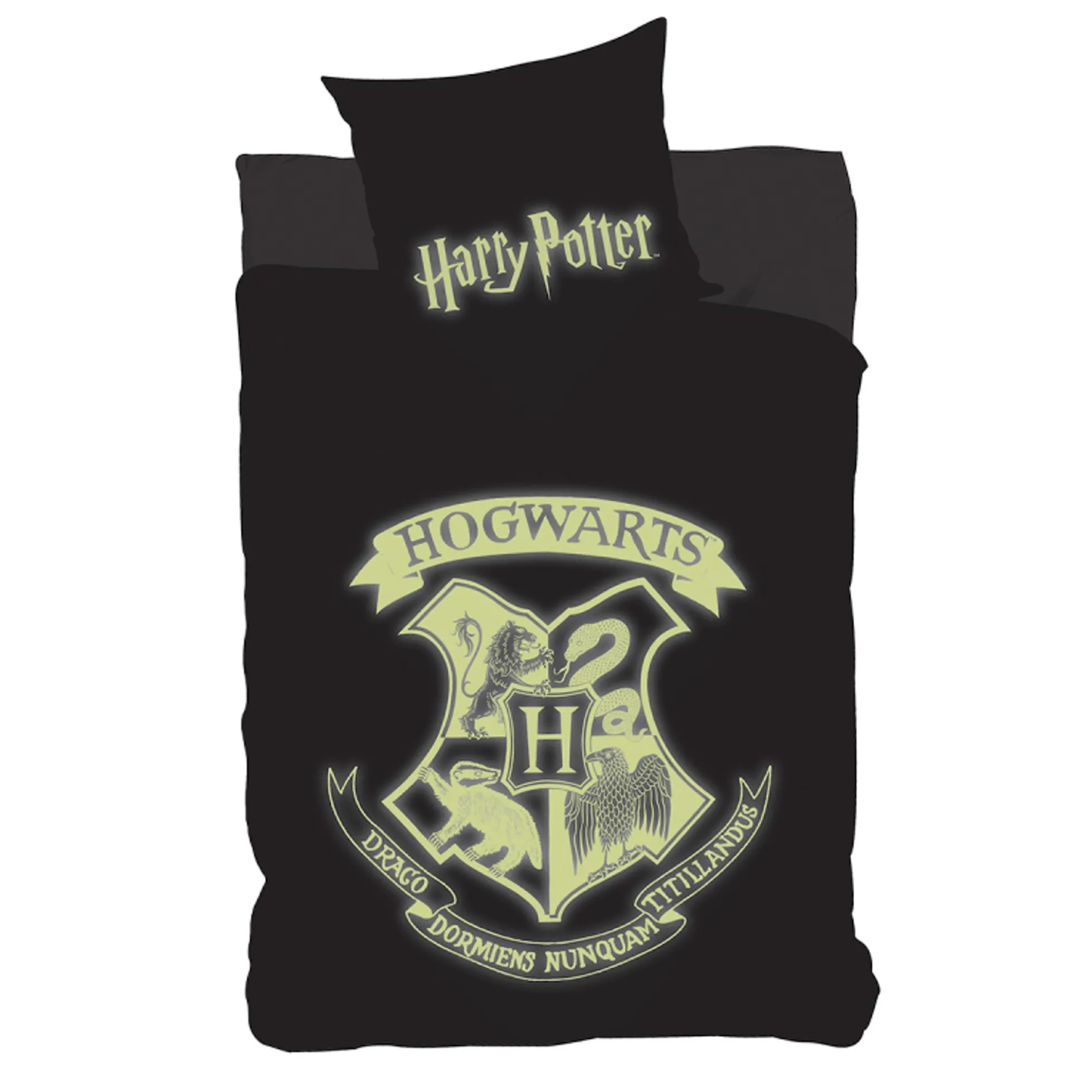 Harry Potter sengetøj - 100% bomuld - Børnesengetøj 140x200 cm - Glow in the dark - Hogwarts våbenskjold