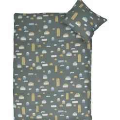 Huse sengetøj - 100% bomuld - Junior sengetøj 100x140 cm - Grønt med huse