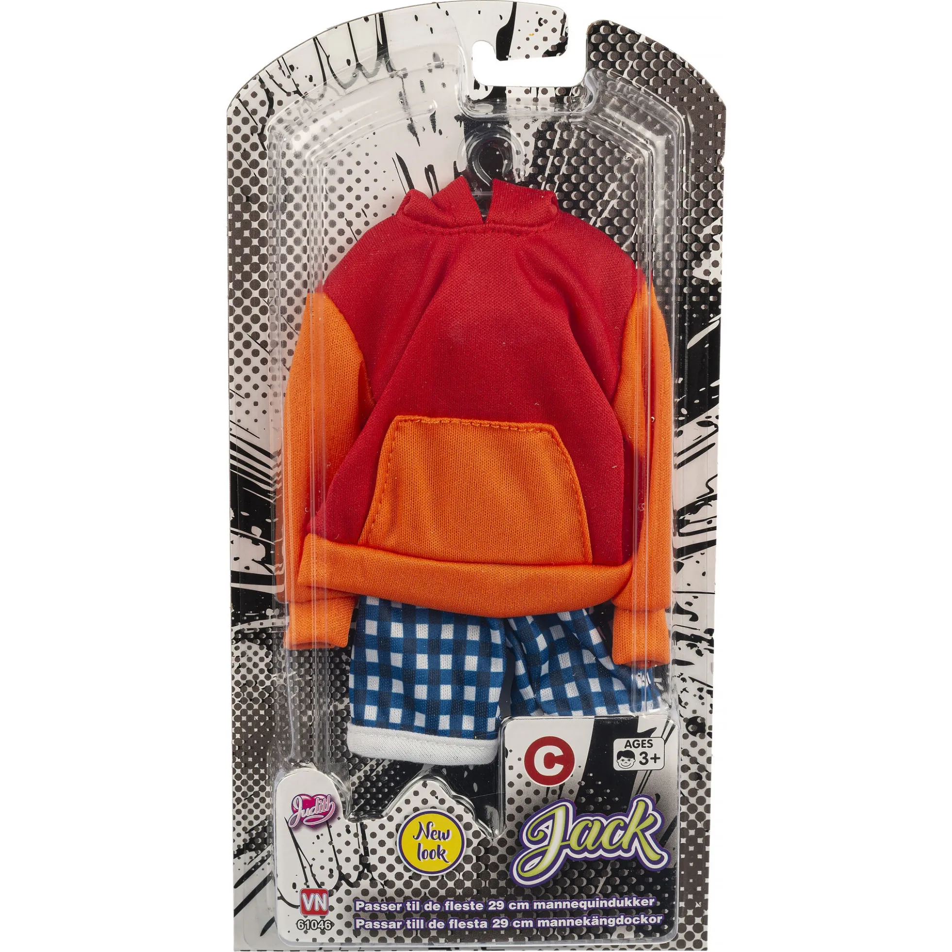 Jack dukketøj - Orange hættetrøje og ternede shorts - til 29 cm dukker