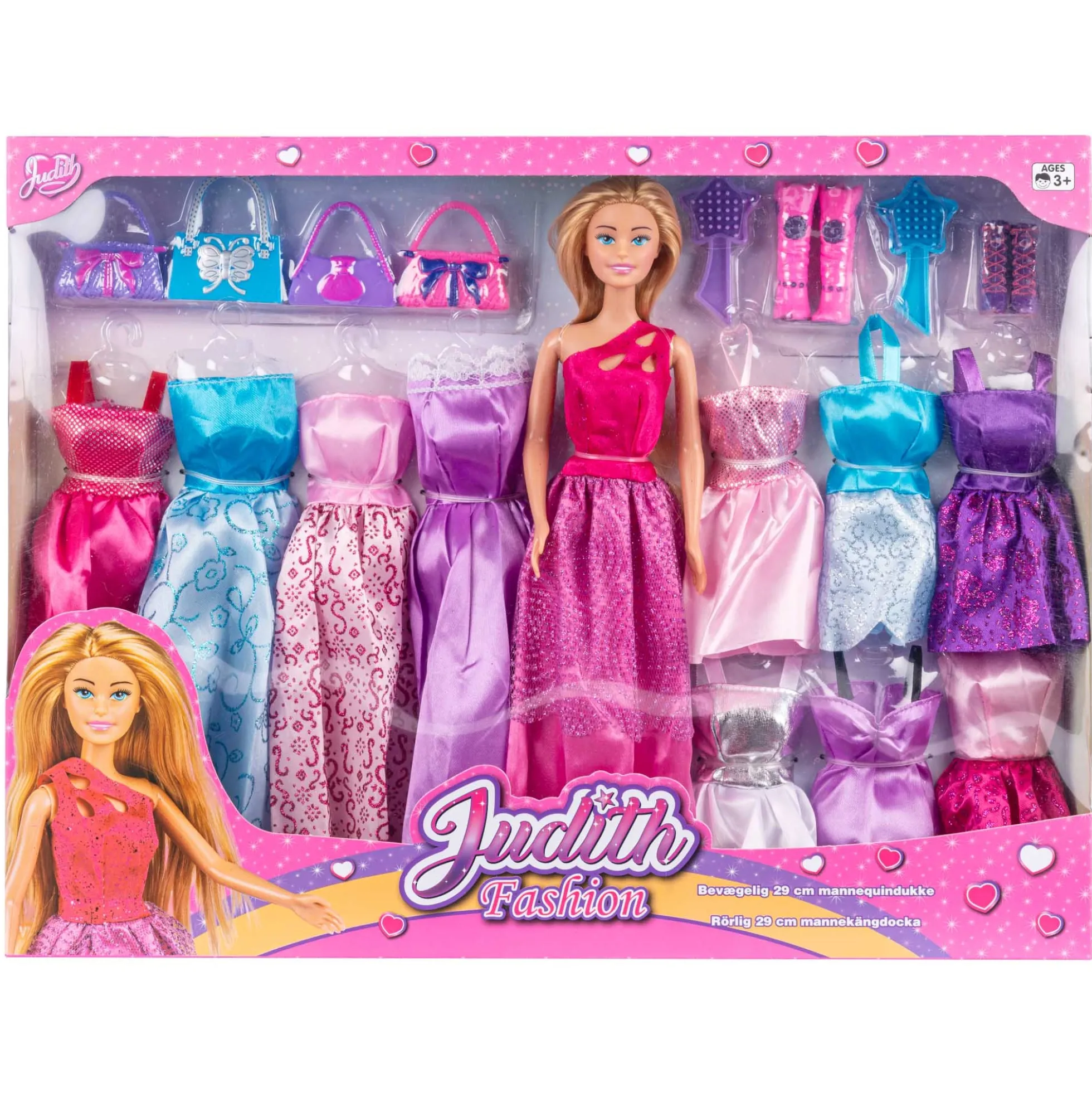 Judith dukke - 29 cm - Bevægelig modedukke - 10 ekstra kjoler og tilbehør