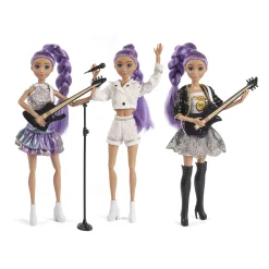 Judith J-Rock rockstardukker med lilla hår, guitar og mikrofon - 3 dukker - 29 cm