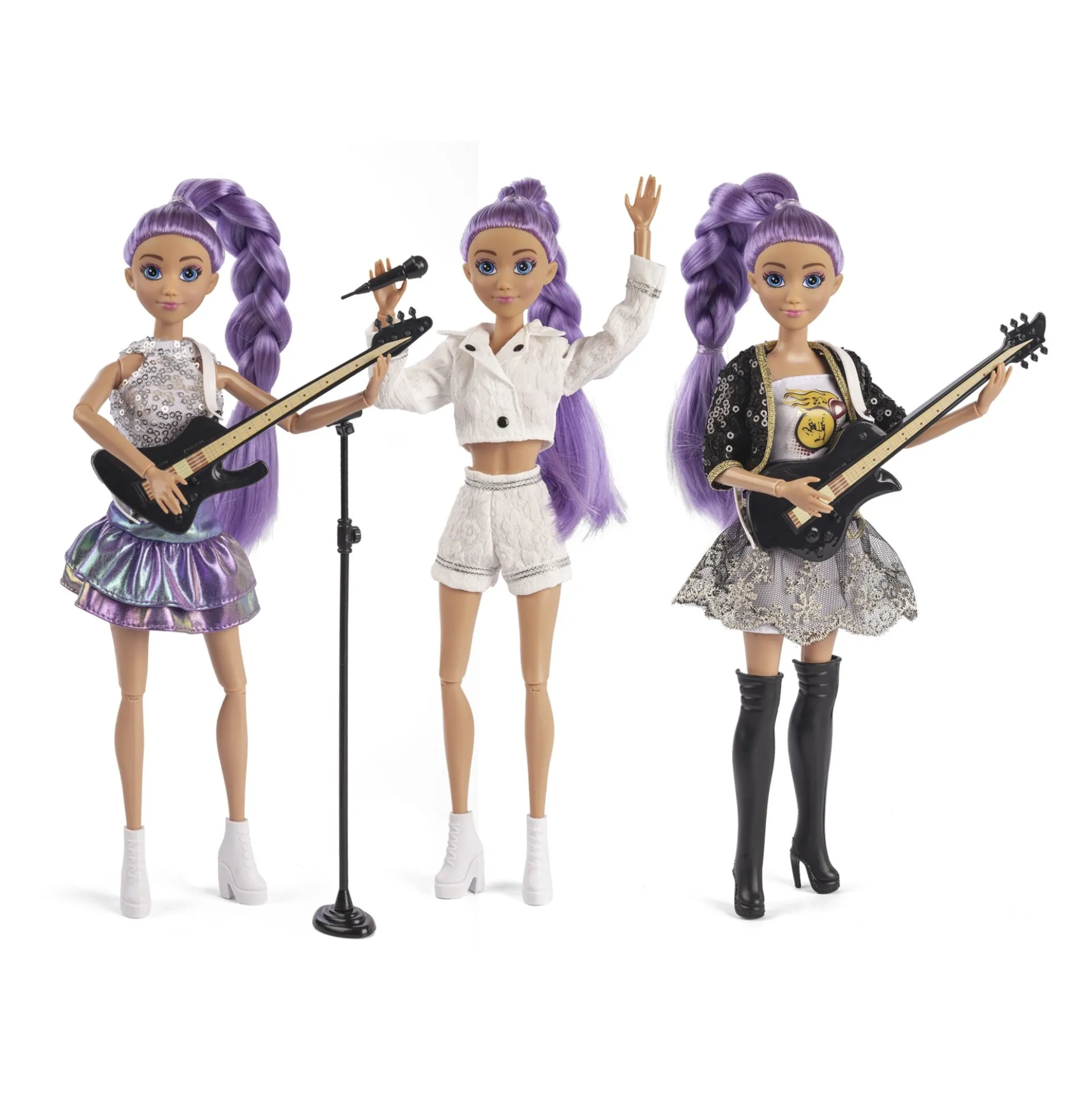 Judith J-Rock rockstardukker med lilla hår, guitar og mikrofon - 3 dukker - 29 cm