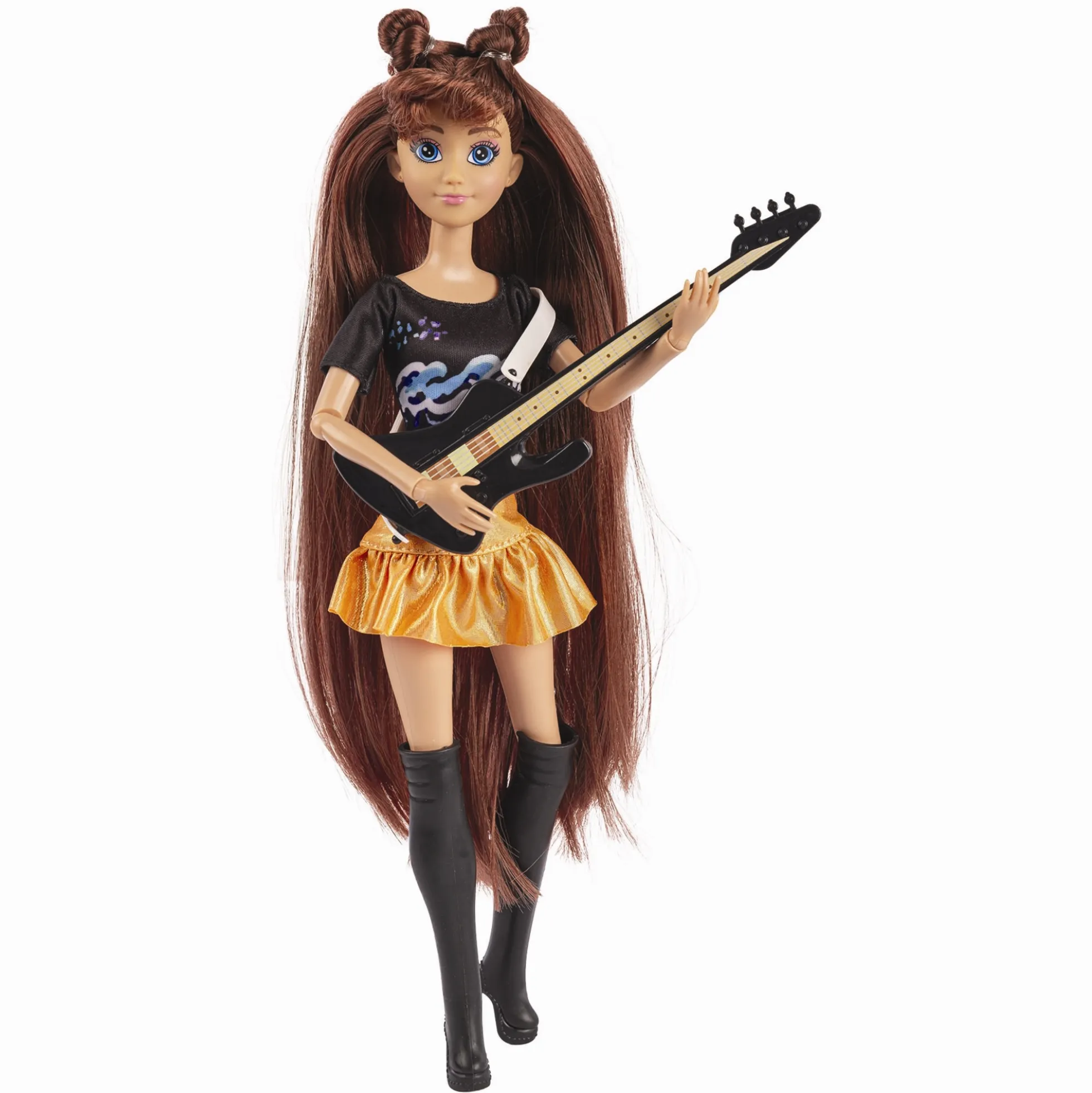 Judith J-Rock rockstardukker med brunt hår, guitar og mikrofon - 3 dukker - 29 cm