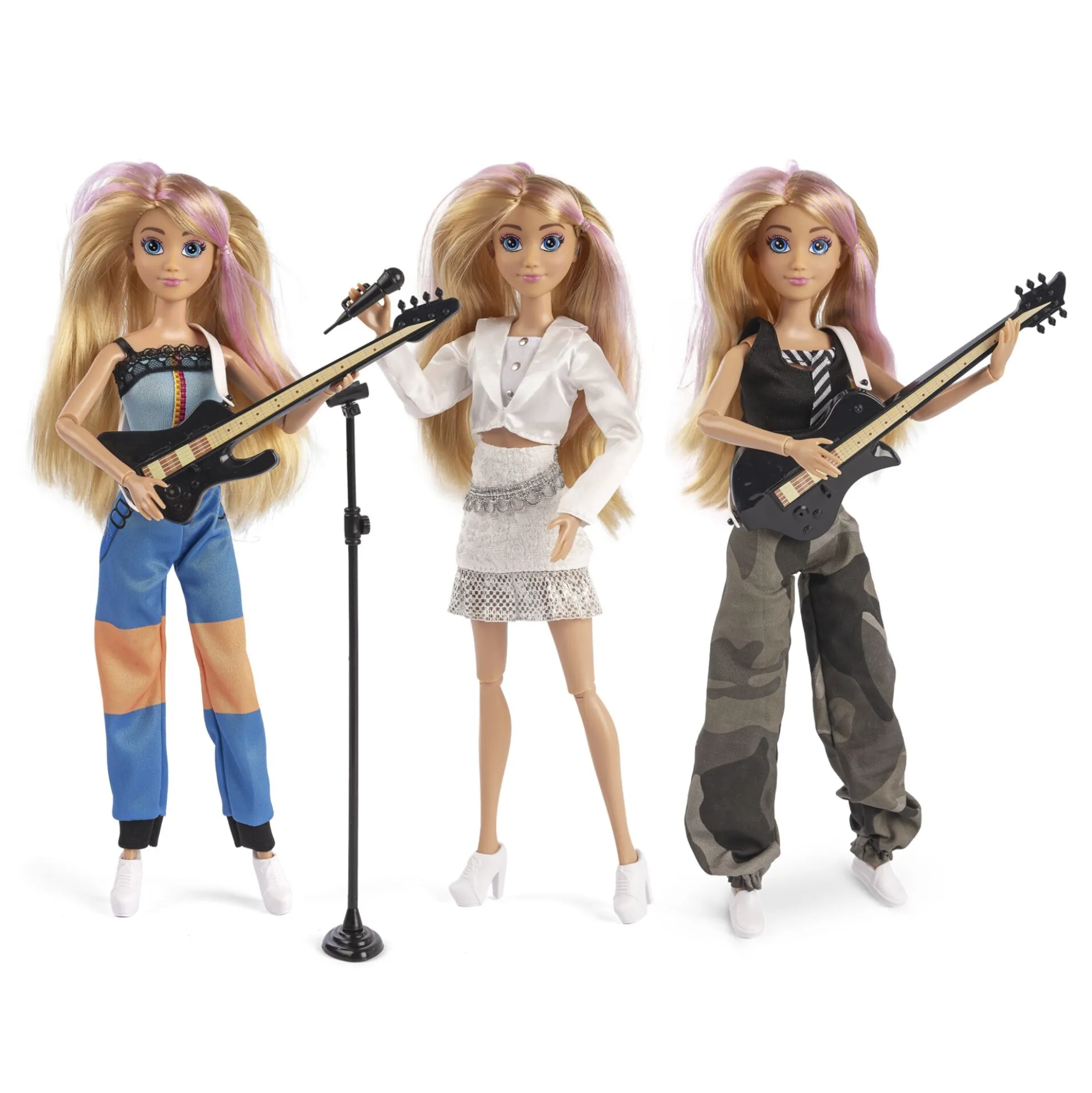 Judith J-Rock rockstardukker med blondt hår, guitar og mikrofon - 3 dukker - 29 cm