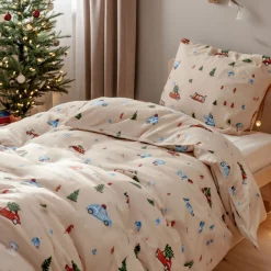 Julesengetøj - 100% bomuld - Babysengetøj 70x100 cm - Beige med biler og juletræer