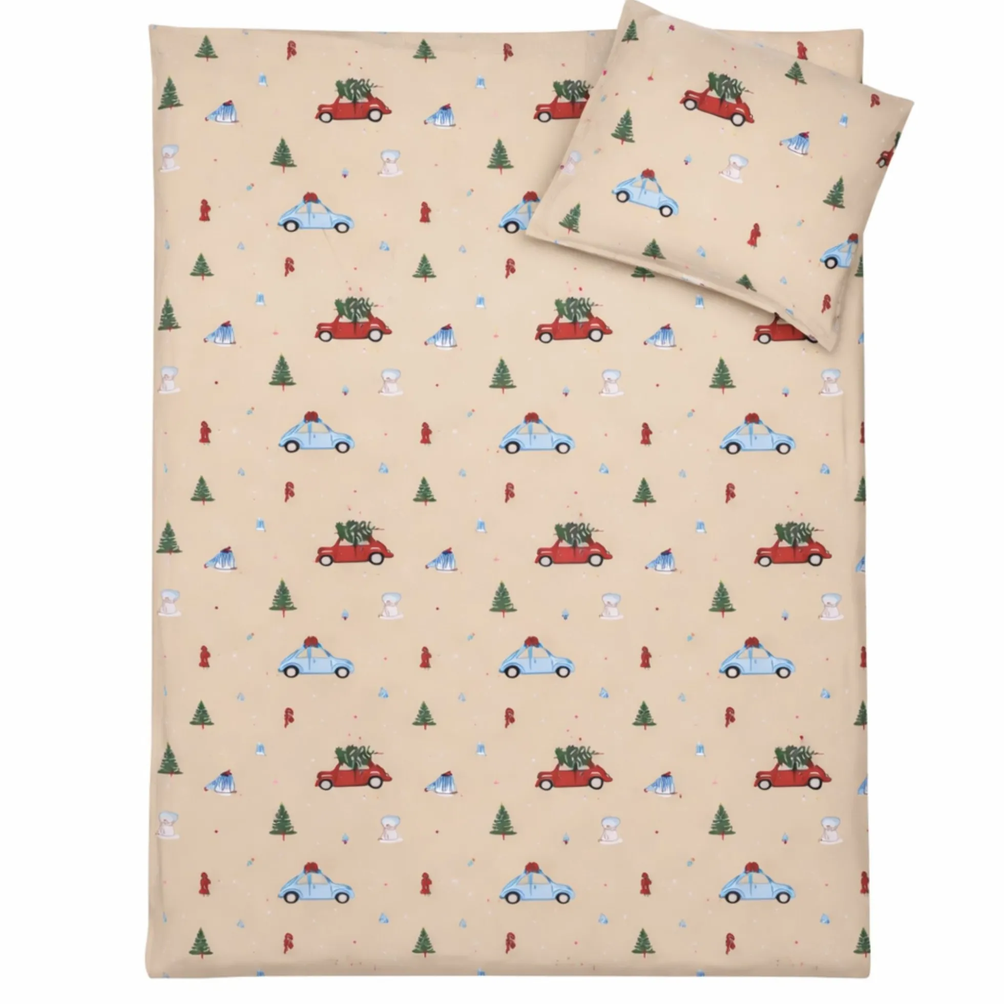 Julesengetøj - 100% bomuld - Babysengetøj 70x100 cm - Beige med biler og juletræer