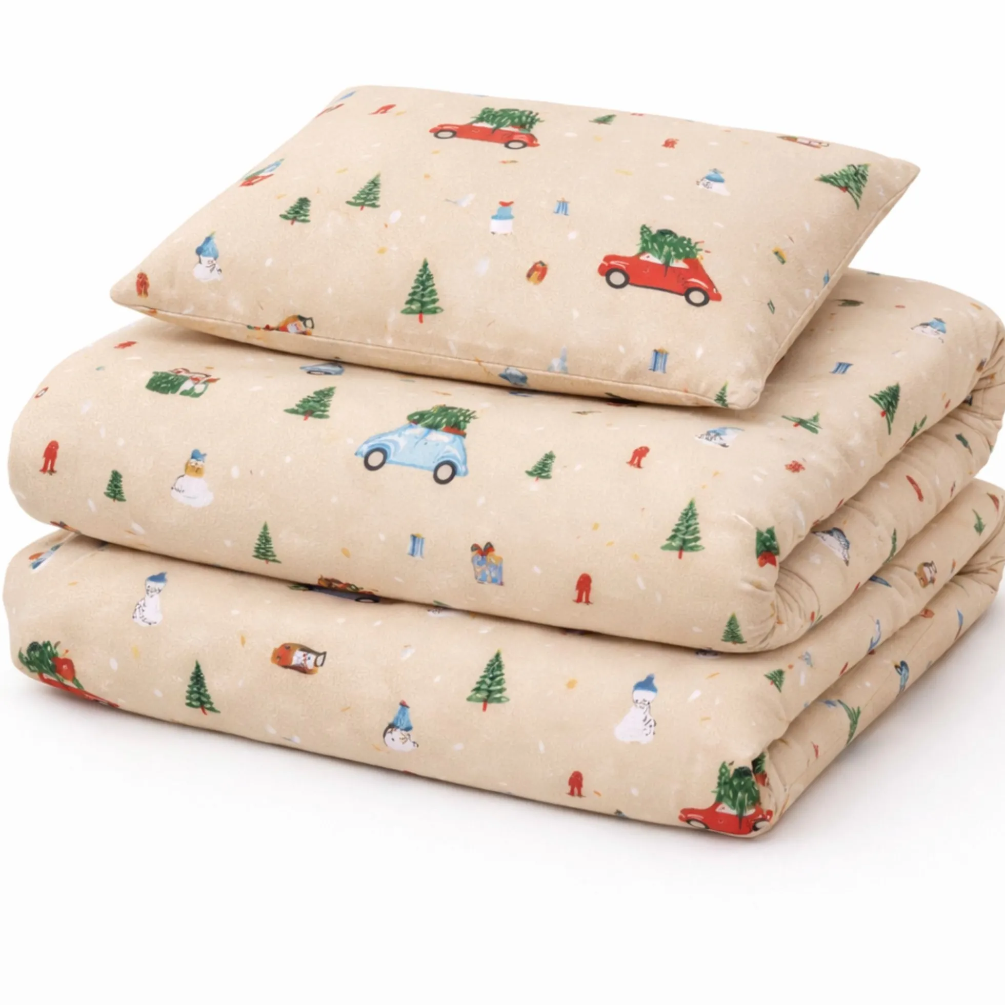 Julesengetøj - 100% bomuld - Babysengetøj 70x100 cm - Beige med biler og juletræer