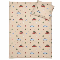 Julesengetøj - 100% bomuld - Junior sengetøj 100x140 cm - Beige med biler og juletræer