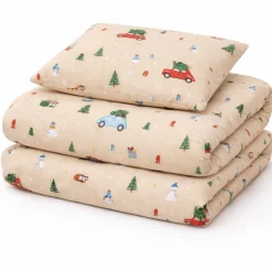 Julesengetøj - 100% bomuld - Junior sengetøj 100x140 cm - Beige med biler og juletræer