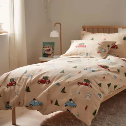 Julesengetøj - 100% bomuld - Junior sengetøj 100x140 cm - Beige med biler og juletræer