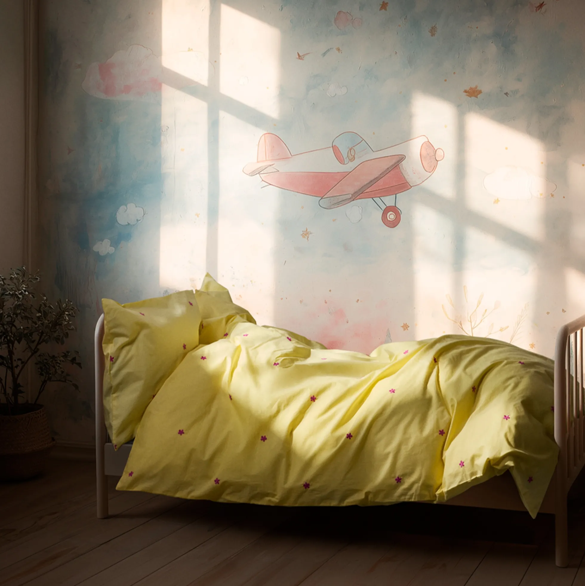 JUNA sengetøj - 100% økologisk bomuld - Daisy junior sengetøj 100x140 cm - Gul med broderede blomster