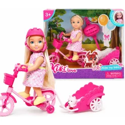 Kiki dukke med pink cykel og anhænger - 11 cm