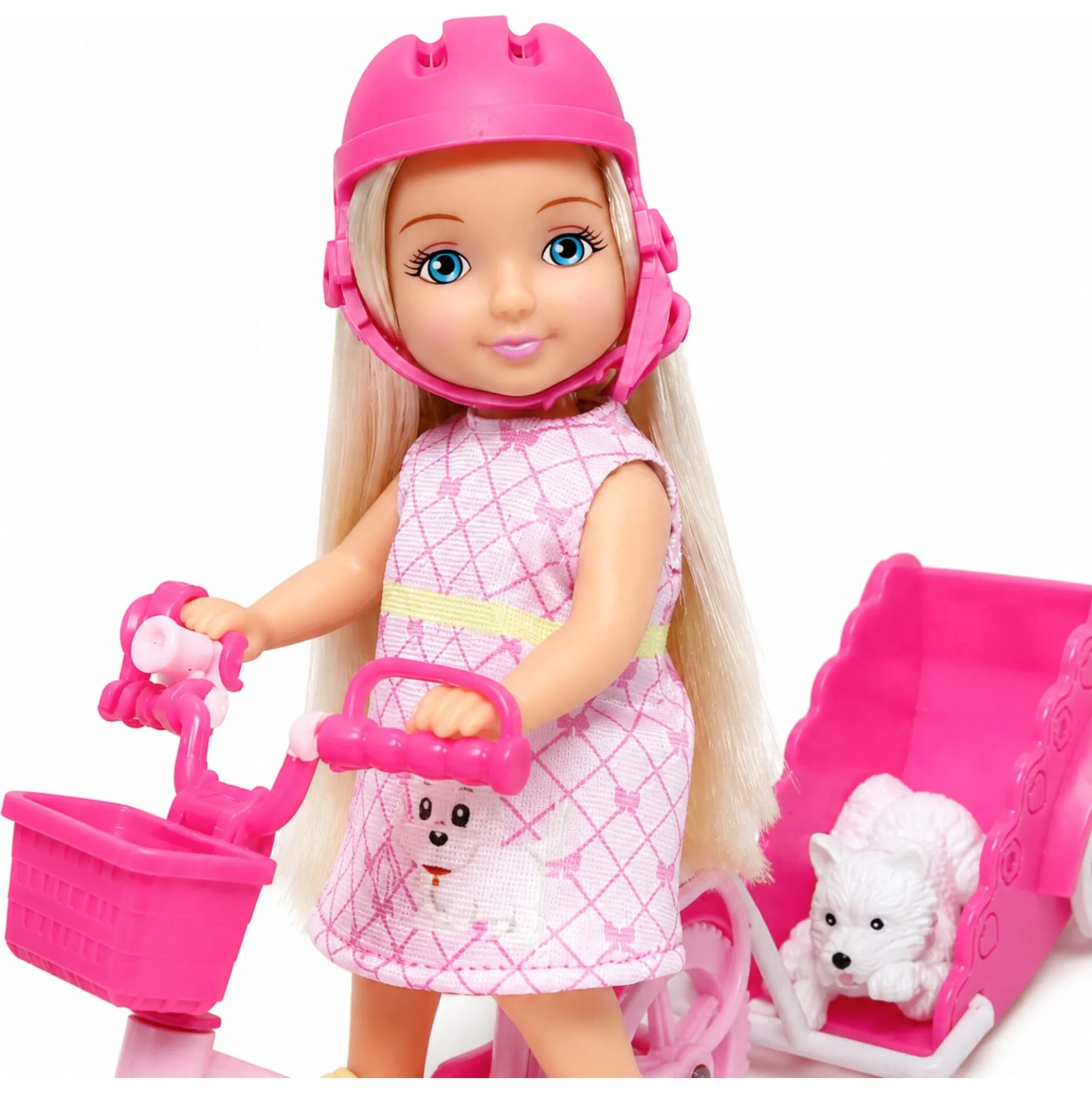 Kiki dukke med pink cykel og anhænger - 11 cm