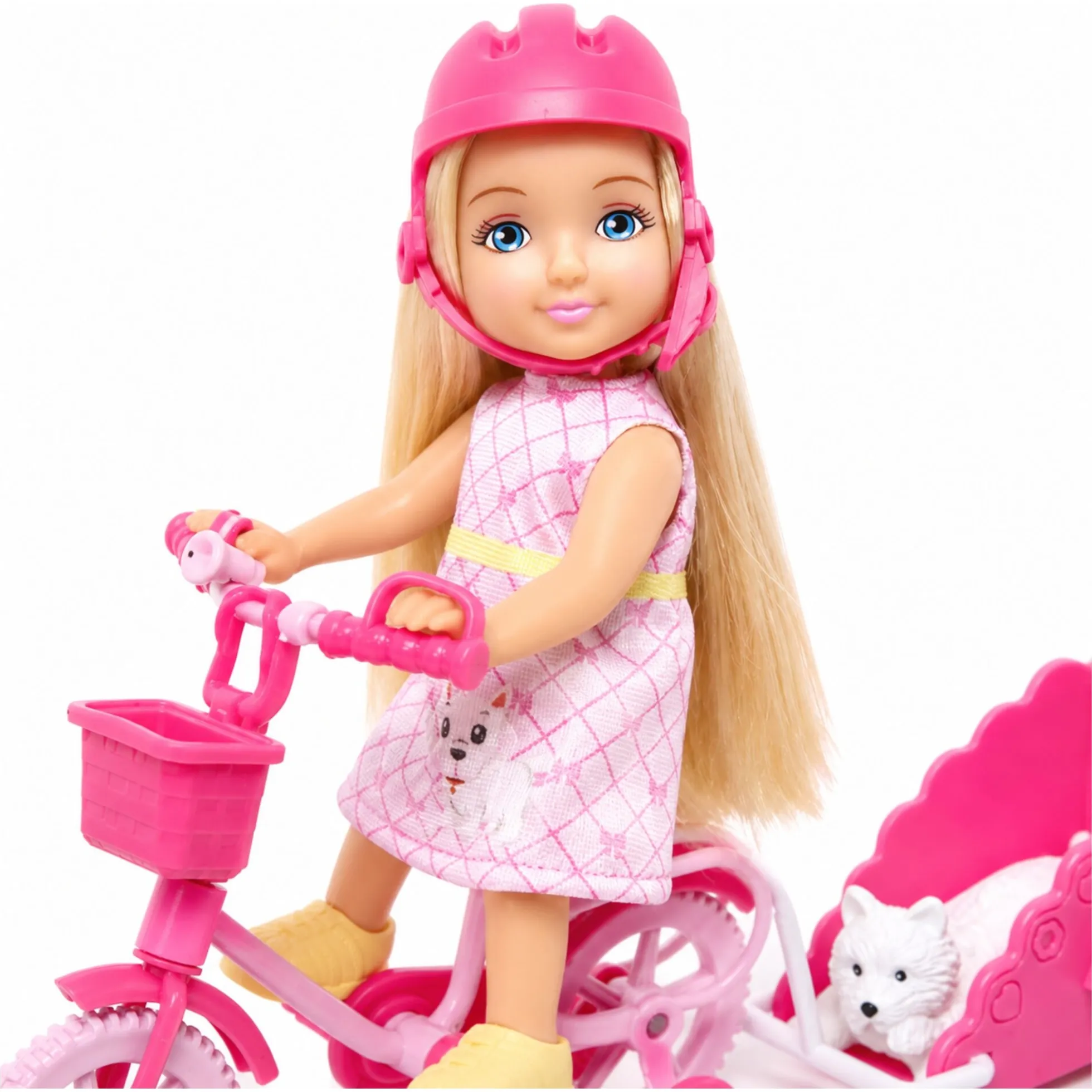 Kiki dukke med pink cykel og anhænger - 11 cm
