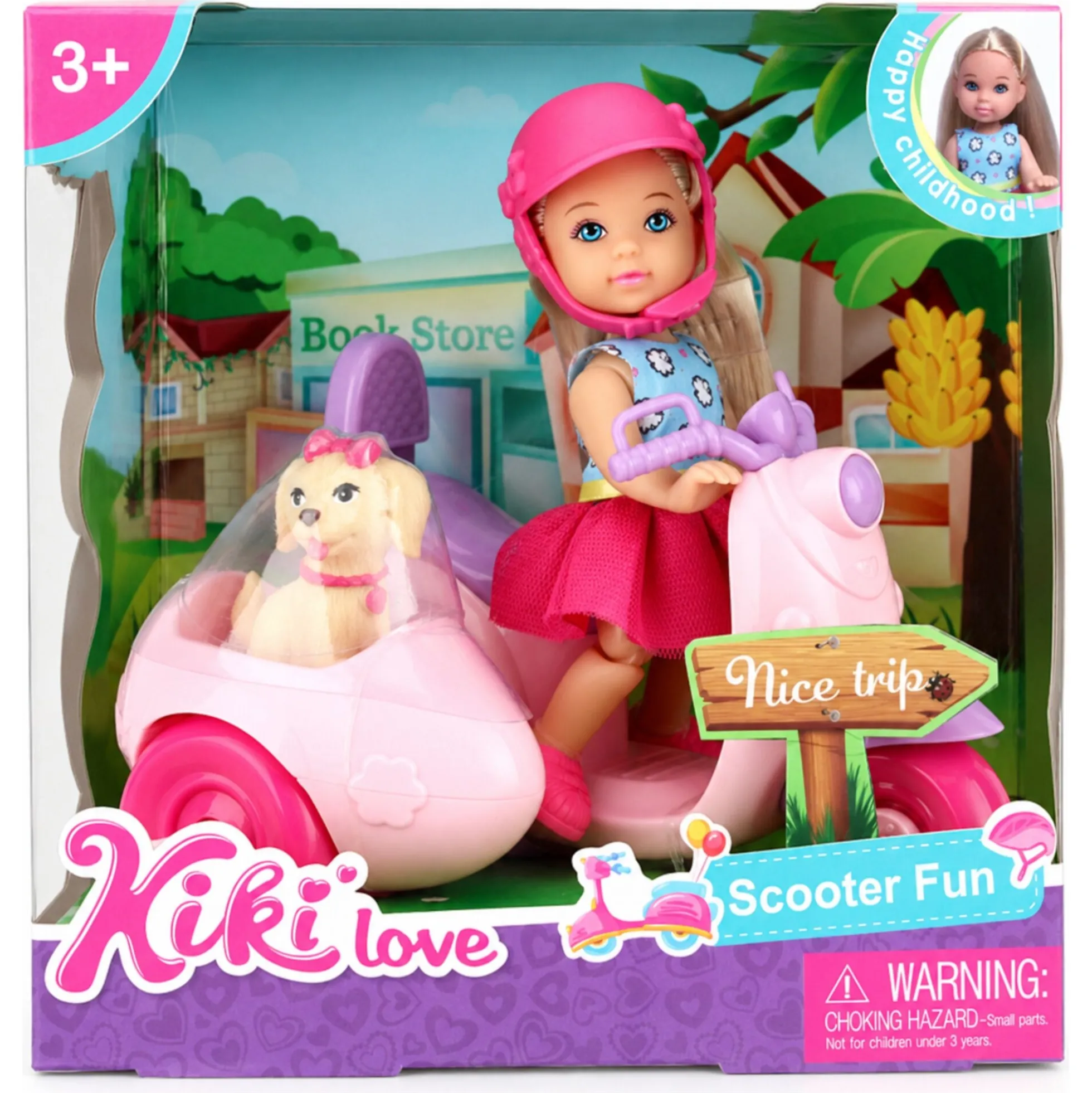 Kiki dukke med pink scooter og hund i sidevogn - 11 cm