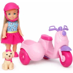 Kiki dukke med pink scooter og hund i sidevogn - 11 cm