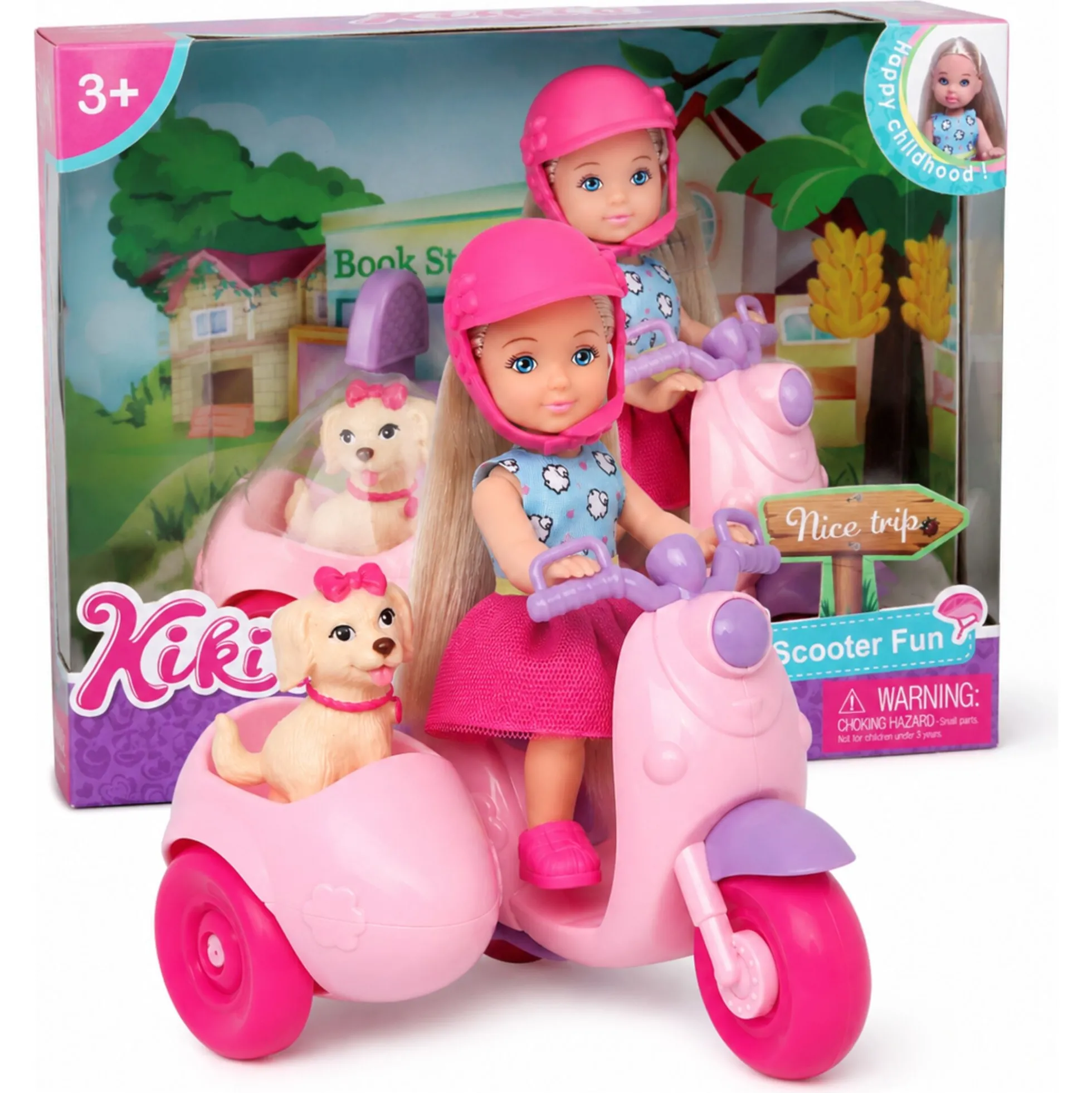 Kiki dukke med pink scooter og hund i sidevogn - 11 cm