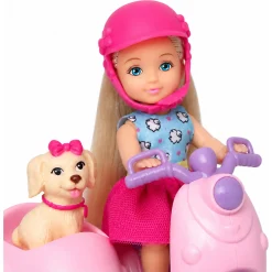 Kiki dukke med pink scooter og hund i sidevogn - 11 cm