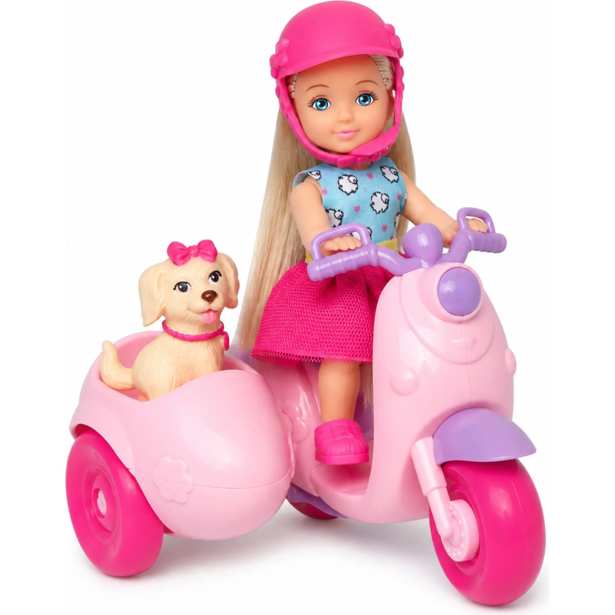 Kiki dukke med pink scooter og hund i sidevogn - 11 cm