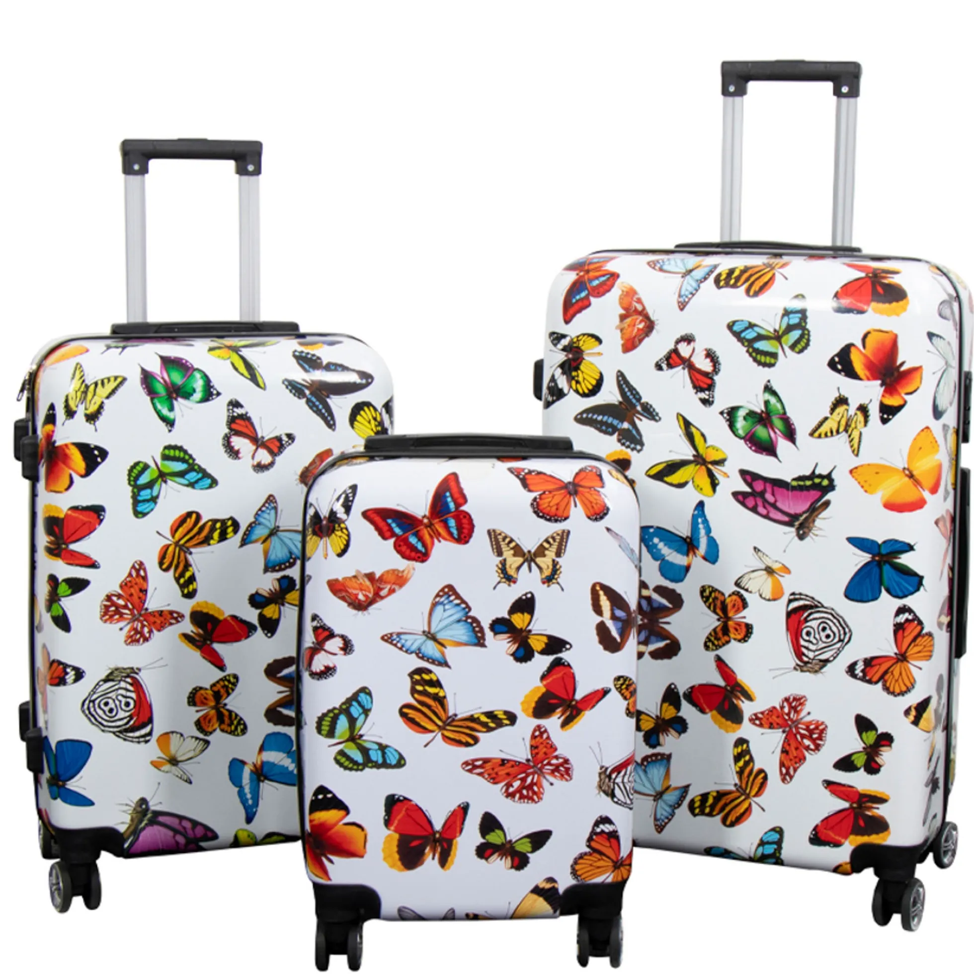 Kuffertsæt - 3 Stk. - Kuffert med motiv - Hvid med sommerfugle print - Hardcase letvægt kuffert med 4 hjul