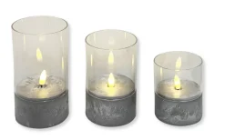 Led stearinlys - 3 stk. i cylinderglas - Bund med cement-look- 3D flammer