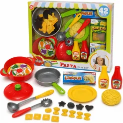 Legemad med pasta, tallerkner og stegepande - 42 dele