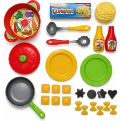Legemad med pasta, tallerkner og stegepande - 42 dele